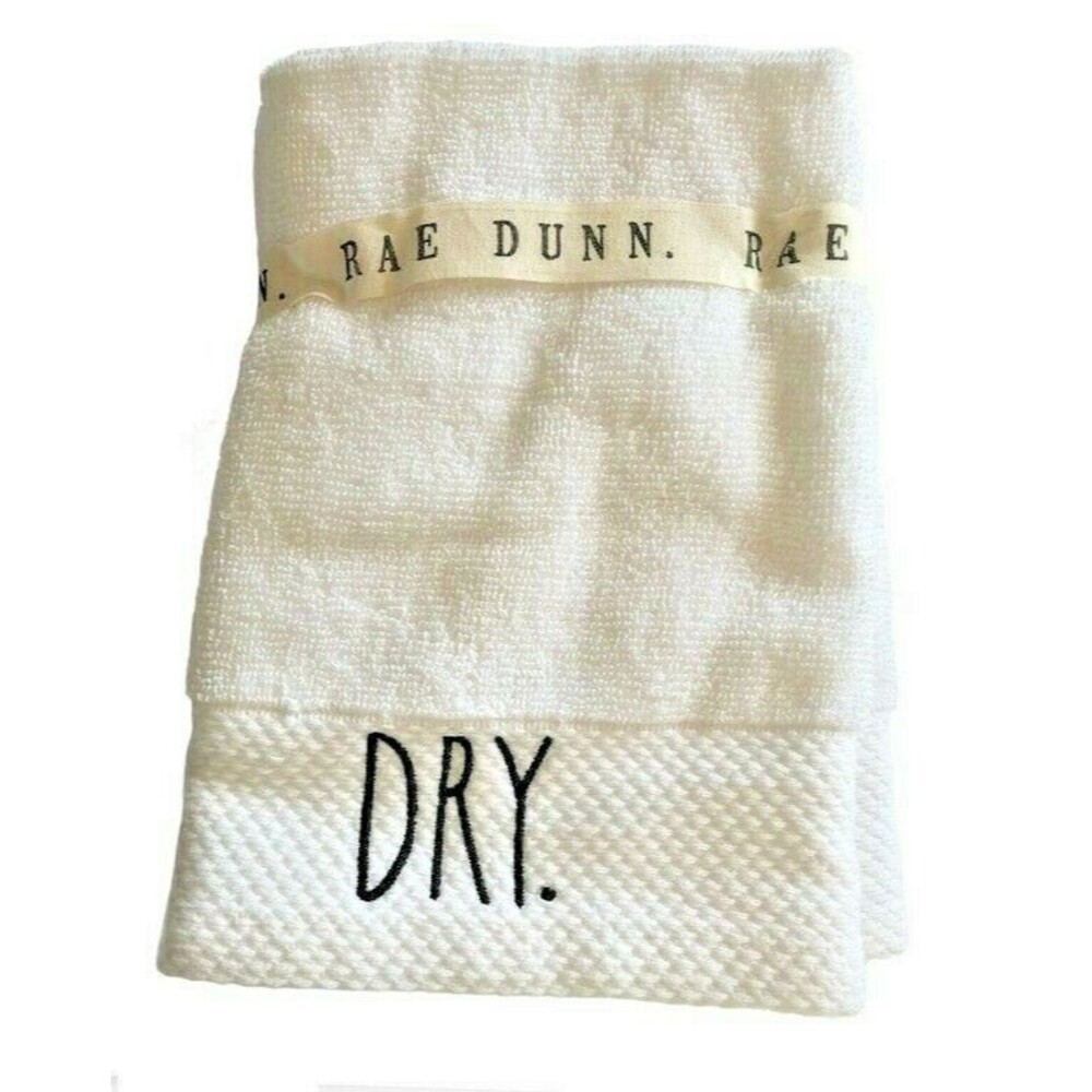 Rae Dunn White Fingertip Towels Bath Guest Wash Dry Embroidered 12x18" Set of 2